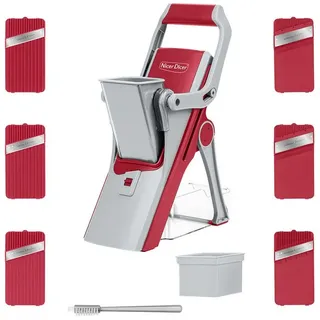 Genius Gemüsehobel Nicer Dicer Mando Gemüseschneider 12-tlg., Mandoline verstellbar, (mit Aufbewahrungsbox 6 Einsätze, Kartoffelschneider Zwiebelschneider), Vegetable Slicer Chopper für Scheiben Julienne mit Reininung Pinsel rot