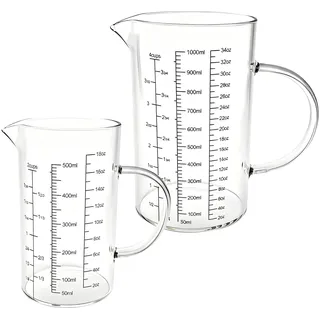Messbecher Set,Messbecher Glas 500ml + 1L, Mit 3 Messskalen (Ml/Oz/Tassen),Präzise Skala,Mikrowellengeeignet,für Backen Kochen und Mischen,Enthält 2 Rührstäbe