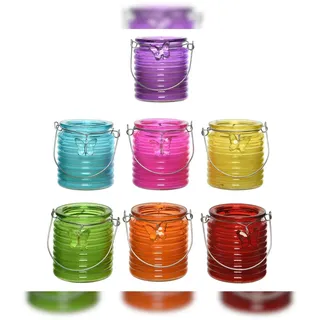 Decoris 1 Citronella Kerze 9cm im Glas Laterne Schmetterling Deko Outdoor Duftkerzen Garten Balkon Draußen gegen Mücken Insekten Mückenschutz Glaskerze Bunt