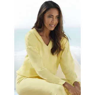 Strickpullover LASCANA "-Kapuzensweatshirt" Gr. 40/42, gelb Damen Pullover V-Pullover aus weicher Viskosemischung, Loungewear