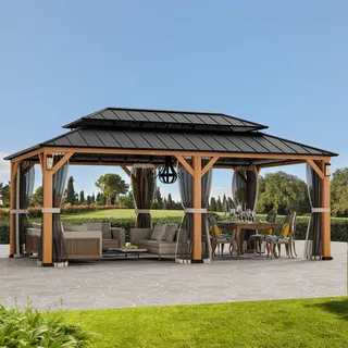 Modern Shade The Horizon Pavillon 3,6 x 6m mit 4 LED-Leuchten Verzinktem Hardtop Doppeldach Wasserdicht Stabil Gartenpavillon, Permanenter Metall-Pavillon mit Deko-Haken, Moskitonetze