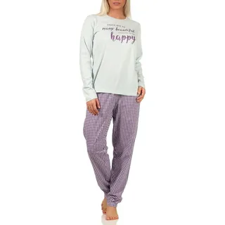 RELAX by Normann Pyjama Damen Langarm mit Schriftzug und karierter Hose Türkis 48-50