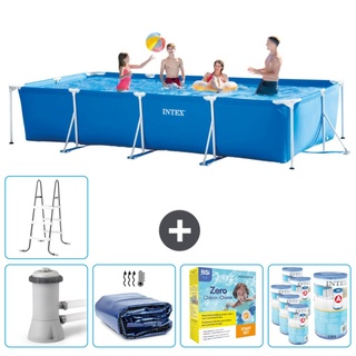 Intex-Schwimmbecken mit rechteckigem Rahmen – 450 x 220 x 84 cm – Blau – inklusive Pumpe Sonnensegel - Wartungspaket - Filter - Leiter