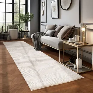 Carpetsale24 Kurzflor Teppich Läufer 80x250 cm Creme Modern Skandinavisch Boho Design Einfarbig 3D Effekt Weich Waschbar Pflegeleicht für Flur Eingang Küche Schlafzimmer