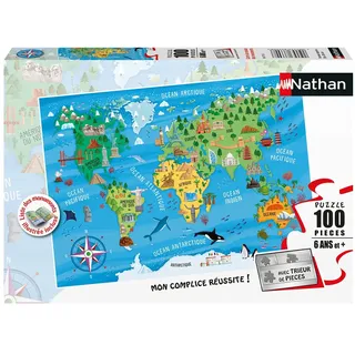 NATHAN - Kinderpuzzle - 100 Teile - Weltkarte der Monumente - Mädchen oder Junge ab 6 Jahren - Hochwertiges Puzzle - Dicker und haltbarer Karton - Geografie - 86775
