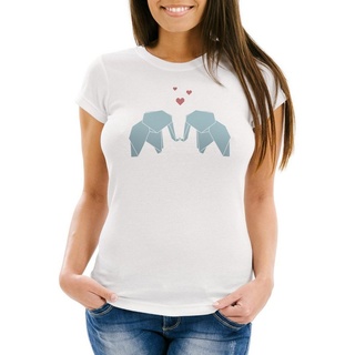 MoonWorks Print-Shirt Damen T-Shirt Origami Elefanten Pärchen Flat Design Polygon Slim Fit Moonworks® mit Print weiß XXL