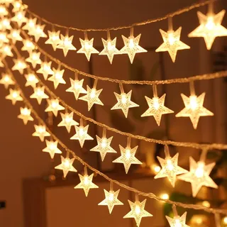 Drawelry LED Stern Lichterkette mit USB/Stecker, 8 Modi Beleuchtung Warmweiß Glühbirne Schnurlicht Nachtlicht Dekoration für Außen Innen Zuhause Büro Garten Fenster Weihnachts Deko (Sterne)