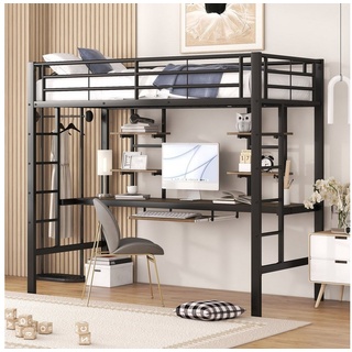 OKWISH Bett Eisenbett, Hochbett, Metallbett (mit Schreibtisch und zwei Bücherregalen, 90x200cm), Ohne Matratze schwarz