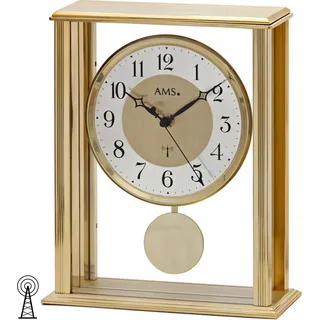 AMS 5191 Tischuhr Funk Funktischuhr mit Pendel messing farben mit Glas Pendeluhr - Schwarz