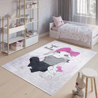 TAPISO Emma Kinderteppich Rosa Grau Mädchen Katze Antirutsch 160 x 230 cm | Waschbar bei 30 Grad bedruckter Kinderteppich Kinderzimmer Jugendzimmer Modern OEKO-TEX