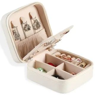 ZEPIQOR Schmuckkästchen Reise - Schmuckbox für Damen Herren Klein mit Spiegel, Schmuck Etui Reise Jewellery box aus Leder für Ohrringe Aufbewahrung, Ringe, Zarte Ketten, Uhren und Lippenstift, Weiß