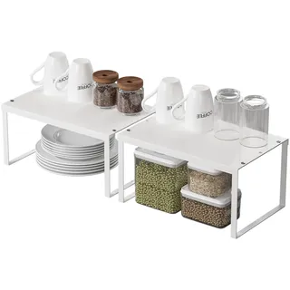 Regaleinsatz, 2er Set Metall Küchenschrank Organizer, Erweiterbar küchen Regal, Stapelbar Gewürzregal mit Anti-Rutsch Matte,Küche Schrankeinsatz für Schrank, Regaleinsatz, Arbeitsplatte, Weiß