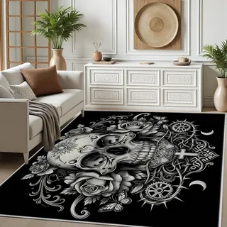 Dpvbffx Gotisch Skull Teppich rutschfest Weich, Totenkopf Tattoo Teppich Wohnzimmer 80x120 cm, Blumen Schädel Teppiche Kurzflor Waschbare fur Schlafzimmer Badezimmer Kinderzimmer Schmutzfangteppich
