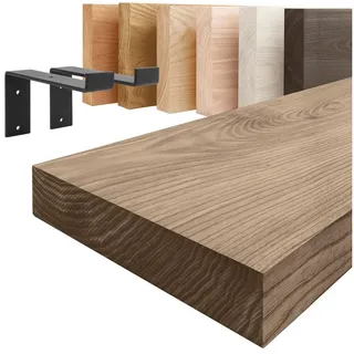 LAMO Manufaktur Wandregal Holz Gerade Regal Farbe: Nussbaum mit schwarzem Original 140 cm, Komplett-Set, 40mm stake Massivholzplatte braun 140 cm x 4 cm x 20 cm