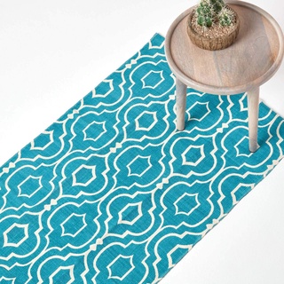 Homescapes Teppichläufer Riga, handgewebt aus 100% Baumwolle, 66 x 200 cm, Baumwollteppich mit geometrischem Muster, türkis