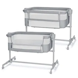 Kinderkraft NESTEE UP 2 Beistellbett 2 in 1, Kinderreisebett mit Matratze Laken, 5-stufige Matratzenhöhenverstellung, 4 Rädern mit Bremse, Weichen Material, Leichte Konstruktion, Ganz Grau