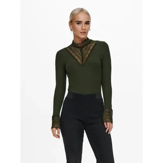 Spitzenshirt ONLY "ONLTILDE L/S HIGH NECK LACE TOP JRS", Damen, Gr. M, grün (rosin), Jersey, Obermaterial: 95% Viskose, 5% Elasthan, unifarben, normal, hoch geschlossener Ausschnitt, Spitze, Shirts, Viskosemischung, mit Spitze