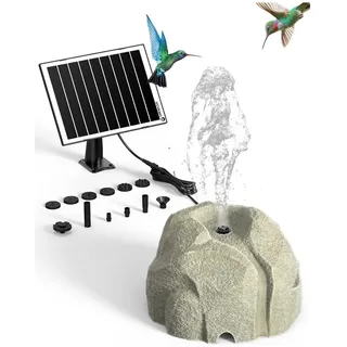 Realistische Solar Vogeltränke Solar Springbrunnen, Granit Optik Kunstharz Brunnen mit 10 Düsen, Solarbrunnen für Garten, Teich oder Vogelbad, Outdoor Solar Gartenbrunnen mit Akku Option (Set B)