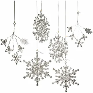 Loberon Weihnachtsschmuck 6er Set Allegan, Verschiedene Formen, glitzernde Schneeflocken & Sterne, Weihnachtsdeko, Christbaumschmuck, Eisen, Glas, Silber