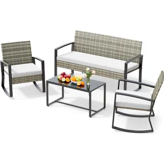 Xbro Rattan Gartenmöbel Set für 4 Personen, Balkonmöbel Lounge mit 2 Schaukelstühlen, Doppelsessel & Glastisch, inkl. Sitzkissen, wetterfest für Garten, Terrasse, Veranda & Pool, Hellgrau