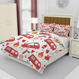 3D Rotes Feuerwehrauto Bettwäsche 135x200 cm Weiche Mikrofaser Feuerwehr Bettwäsche-Set mit Reißverschluss 3 Teilig Bettbezug mit 2 Kissenbezug 80x80 cm