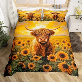 Homewish Highland Kuh Dekor Bettbezug Sonnenblumenkuh Druck Bettwäsche Set 135x200 Rustikale Tier Bauernhaus Thema Tröster Abdeckung für Jungen Mädchen Kinder Gelbe Sonnenblumen Bett Set