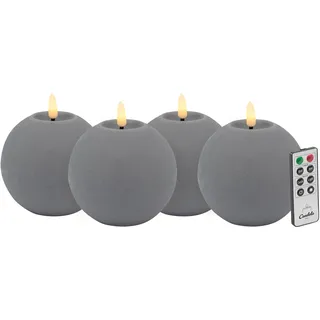 Candela Lights LED Kerzen 4er Set H:8,5Ø10cm rustic Echtwachs mit Fernbedienung Timer Funktion & mehrstufig dimmbar flammenlos Echtwachskerzen Kugelkerze