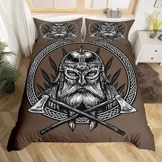 Loussiesd Altes Wikinger Bettwäscheset Vintage Exotisch Stamm Die Axt EIN Schwert EIN Speer Skandinavisches Logo Brauner Druck, Dekor Pirat Bettbezug mit 1 Kissenbezug Reißverschluss 135x200 cm