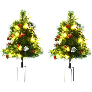 HOMCOM 2er Set Mini Künstlicher Weihnachtsbaum mit LED-Lichtern, 75 cm künstlich Tannenbaum mit 70 Spitzen, Tannenzapfen, Beere, Erdungsstecker Christbaum Weihnachtsdeko für drinnen Büro Wohnzimmer