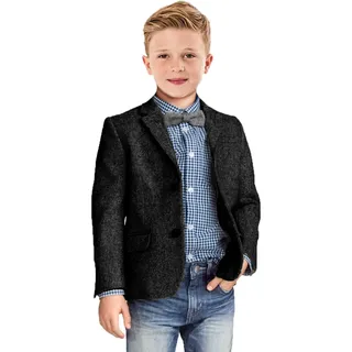 Jungen Blazer Retro Fischgrätenmuster Sport Sakko Formeller Tweed Gemustert Klassische Kinder Jacke für Jungen Hochzeit Casual Jacke, Schwarz, 10 - 10