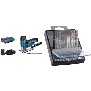 Bosch Professional 12V System Akku Stichsäge GST 12V-70 (inkl. Akku, GAL 1230 CV, 2x Stichsägeblätter) + 10x PRO Hardwood and Laminate Stichsägeblatt-Set (für Hartholz, Parkett, Länge 83 mm, Zubehör)