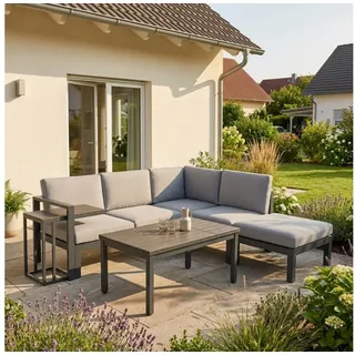 bellavista - Home&Garden® Gartenlounge-Set Gartenlounge-Set Braga 5-Sitzer Aluminium Grau mit Tisch, (Set, 5-tlg., 1x Eckbank (2x 2-Sitzer Bank), 1x Hocker, 1x Tisch, 1x Beistelltisch), grau, Aluminium, für 5 Personen, wetterfest - Garten, Terrasse grau