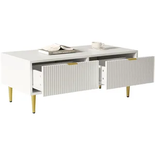 Moderner Couchtisch 100x50x40 mit 2 Schubladen, vertikale Streifenoptik, goldene Metallbeine, Aufbewahrung und Ablagefunktion, Weiß mit Gold