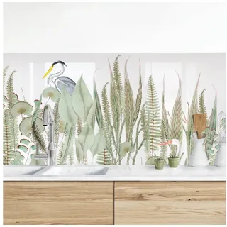 Bilderdepot24 Küchenrückwand grün dekor Botanik Tropisch Tiere Flamingo und Storch mit Pflanzen, (1-tlg., Nischenrückwand - für Fliesenspiegel ohne Bohren - matt), Spritzschutz Rückwand Küche Herd - Folie selbstklebend versch. Größen grün 245 cm x 70 cm