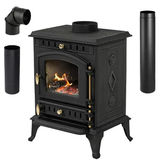 Gusseiserner Kaminofen THUNDER® MITRA 7 kW mit Scheibenspülung, Kalte Tür, EcoDesign, Holzofen aus Gusseisen, - Schwarz