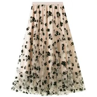 DEBAIJIA Plisseerock Damen Tüllrock Sommer Frauen Mesh Hohe Taille Midi Röcke Floral weiß
