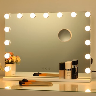 2-FNS Hollywood Spiegel mit Beleuchtung, Groß Schminkspiegel mit 15 dimmbaren Glühbirnen, Intelligente Touch-Steuerung Kosmetikspiegel, Beleuchteter Kosmetikspiegel für Schlafzimmer, Ankleideraum