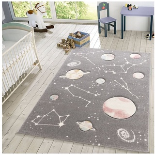 Kinderteppich Kinderteppich Spielteppich Mit Planeten Und Sternen, TT Home, rund, Höhe: 17 mm grau rund - Ø 120 cm x 17 mm
