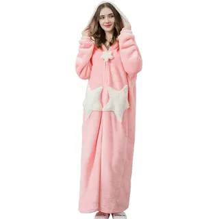 Sacebeleu Bademantel Damen Flanell Rosa Lang Morgenmantel mit Kapuze Reißverschluss Stern Nachtwäsche Flanell Paar Set Hausmantel Weich Hausmantel Pulloverdecke Pyjama Pink Unisex L - L