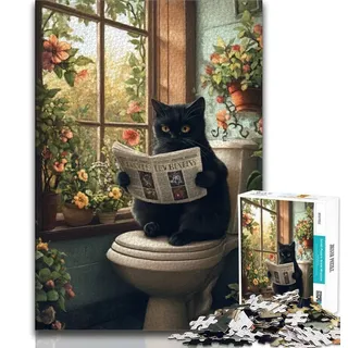Puzzle für Erwachsene 1000 Teile Schwarze Katze in der Toilette Puzzles für Teenager Staycation Zeit totschlagen mit vollständig ineinandergreifenden zufällig geformten Teilen 38x26cm