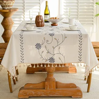 XIEMINLE Rechteckige Blumen-Tischdecke, Baumwollleinen, Vintage-Blumen-Tischdecke mit Quasten-Design, staubdicht, für den Innenbereich, für Esszimmer, Picknick, Party-Dekorationen (180 x 140 cm, Stil