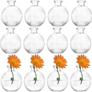 Unyqoos® Mini-Glasvase Kugel 4'' x 3,5'' (Ø 1,5 cm) – Set 12, niedrige Knospenvase aus Glas für kurze Blumen, Tischdeko & Hochzeiten - Weiß/Schwarz