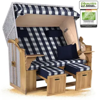 Strandkorb Hanse Strandkorb Strandkorb XXL Ostsee 2,5-Sitzer Volllieger Weiß Blau, BxTxH: 150x80x160 cm, Ostsee XXL Volllieger, Ostsee 2,5-Sitzer Modell 2025, Stabiles Wacholder mit handgefertigtem Polyrattangeflecht blau