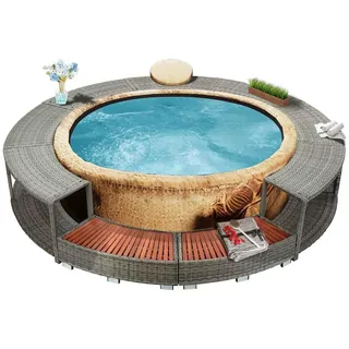 Gecheer Whirlpool-Umrandung, Poly Rattan Einfassung Grau, Stahlrahmen mit Eukalyptus-Hartholz, 283 cm Außendurchmesser, für Whirlpool und Spa-Bereich