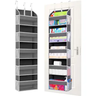 TAHAVICE Hängeregal Tür Organizer, Hängeorganizer Bad mit 5 Taschen Klarem, Organizer Tür für Türregal Zum Einhängen, Hängeaufbewahrung Kinderzimmer, Kleiderschrank 3 Metallhaken, 2 Stück(Grau)