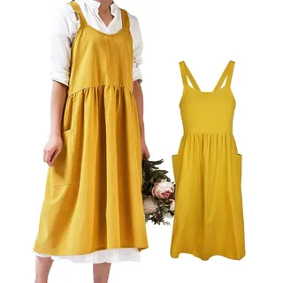 Omgoods – Damen-Schürze im japanischen Stil, aus Baumwolle und Leinen, mit großer Tasche - Gelb