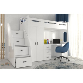 Unique Home Hochbett Hochbett ZU PL mit Matratze, Schreibtisch, Kleiderschrank Farbe wählbar