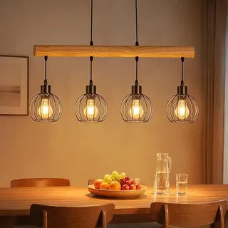 Gbly Vintage Hängelampe Holz 4 Flammig Pendelleuchte Esstisch Im Industrial Design Schwarz Retro Hängeleuchte Esstischlampe Höhenverstellbar Für Esszimmer Küche Wohnzimmer Bar Ohne Leuchtmittel