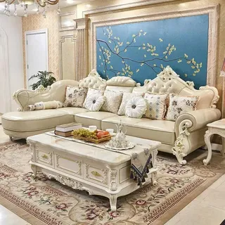 Xlmoebel Ecksofa Elegante Chesterfield-Wohnlandschaft aus Leder und Holz, Ecksofa, Hergestellt in Europa beige