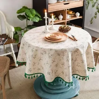 Runde Tischdecke (150 Cm Durchmesser) Mit Print In Rosa Und Blau, Tischdecke Aus Baumwolle Und Leinen Im Landhausstil, Retro-tischdecke Für Esstisch, Party Und Dekoration